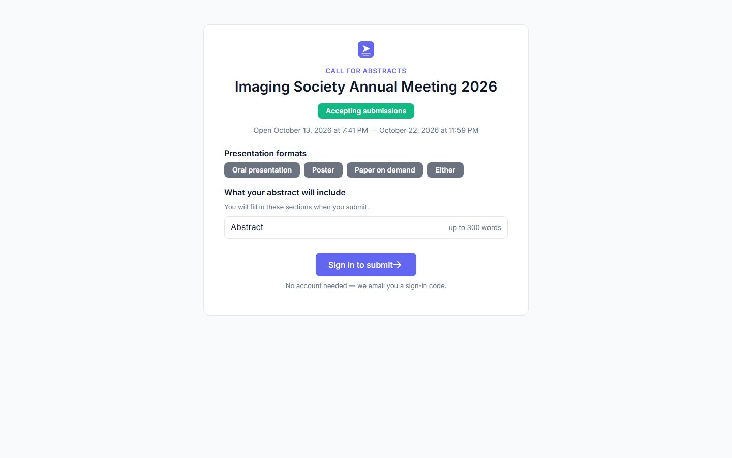 The public call for abstracts page, accepting submissions, with the formats and a Sign in to submit button.