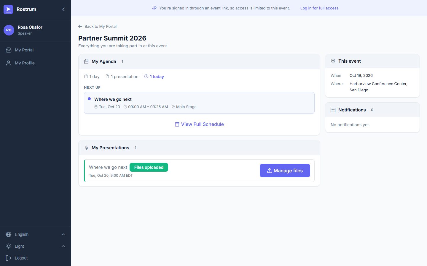 A speaker's event page showing their talk with its time and room, marked Files uploaded, with a Manage files button.